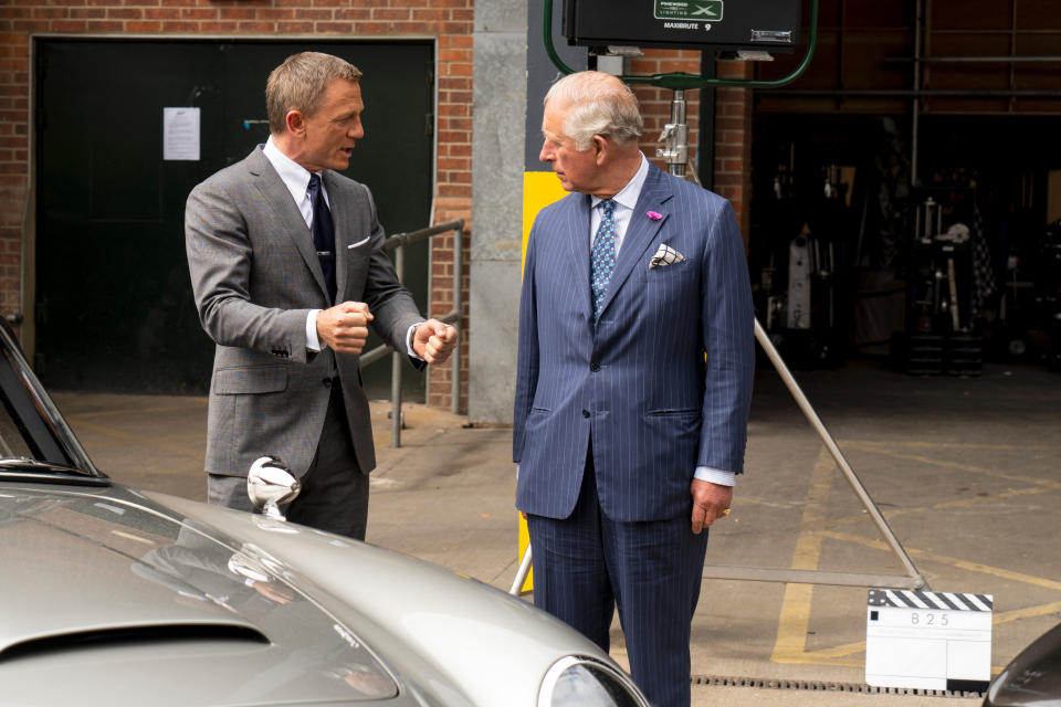 IVER HEATH, ENGLAND - JUNE 20: Prince Charles (R), Prince of Wales meets British actor Daniel Craig as he tours the set of the 25th James Bond Film at Pinewood Studios on June 20, 2019 in Iver Heath, England. The Prince of Wales, Patron, The British Film Institute and Royal Patron, the Intelligence Services toured the set of the 25th James Bond Film to celebrate the contribution the franchise has made to the British film industry. (Photo by Niklas Halle'n - WPA Pool/Getty Images)