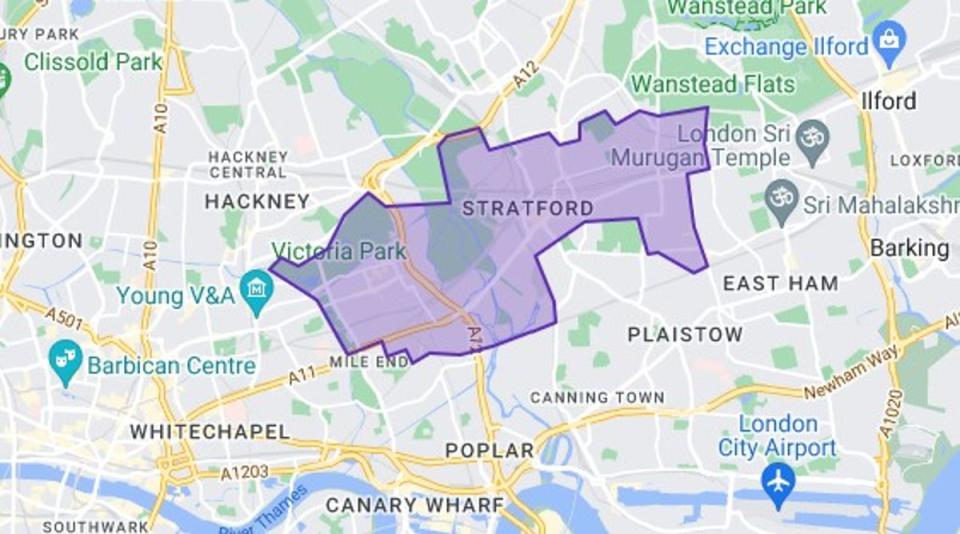 Constituency map of Stratford and Bow (Google Maps)