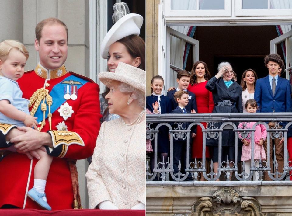Prince George, Prince William, Queen Elizabeth II, and Kate Middleton (left) and Queen Margrethe II and her grandchildren (right).