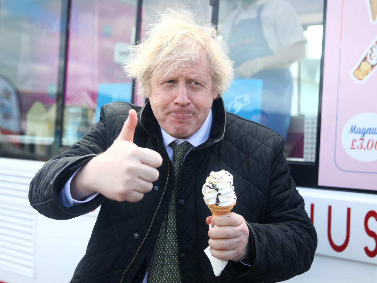 <p>Boris Johnson visiting holiday park in Cornwall </p> (PA)