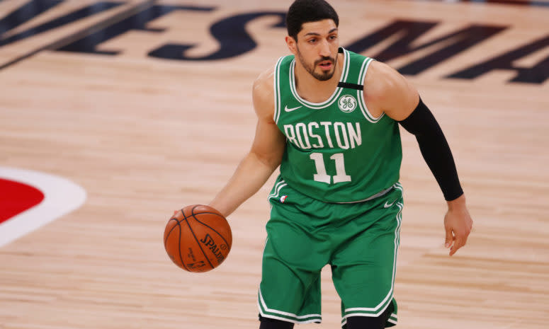 Boston Celtics center Enes Kanter handles the ball.