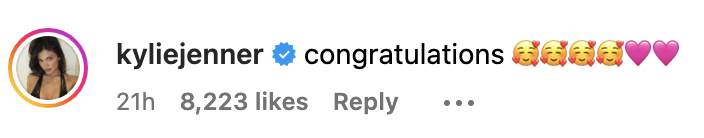 Kylie Jenner's Instagram comment saying "congratulations" with celebratory emojis. The comment received 8,223 likes