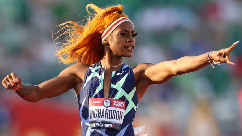 Sha’Carri Richardson runs — and celebrates her victory — in the Women’s 100 Meter semifinal on Day Two of the 2020 U.S. Olympic Track & Field Team Trials at Hayward Field on June 19 in Eugene, Oregon. (Photo by Patrick Smith/Getty Images)