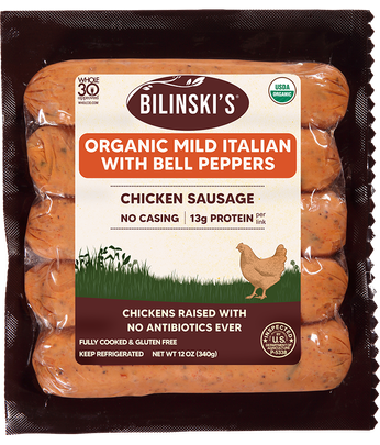 A healthy chicken option: Bilinski’s Mild Italian Chicken Sausage with Bell Peppers