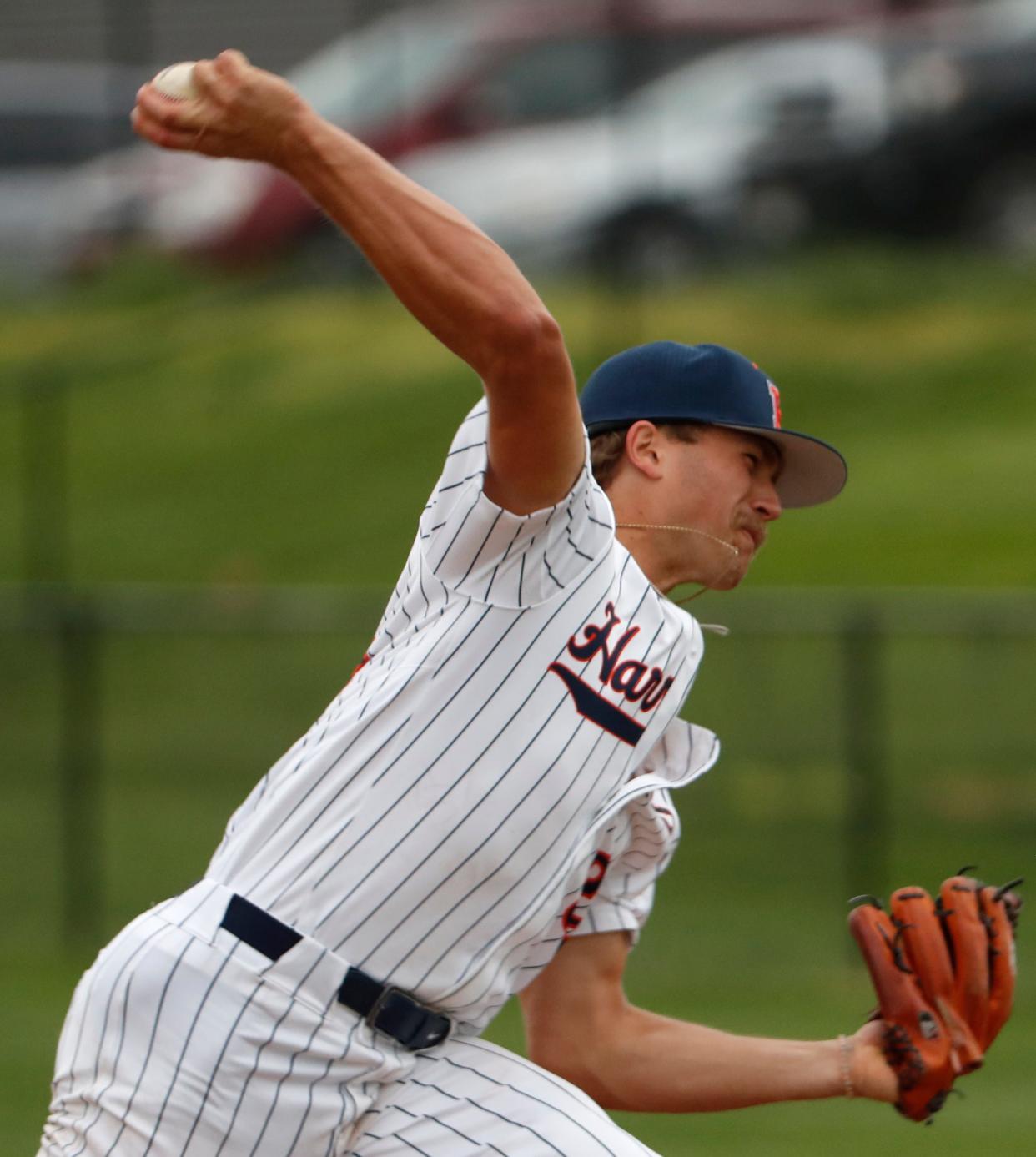 Harrison Raiders Aiden Schwartz (34) pitches during the IHSAA baseball game against the McCutcheon Mavericks, Wednesday, April 17, 2024, at Harrison High School in West Lafayette, Ind.