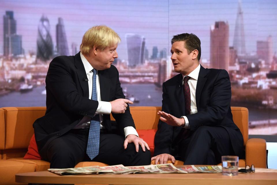  Foreign Secretary Boris Johnson (left) and Shadow Brexit Secretary Sir Keir Starmer during filming for the BBC One current affairs programme The Andrew Marr Show at New Broadcasting House in London.  (Photo by Victoria Jones/PA Images via Getty Images)