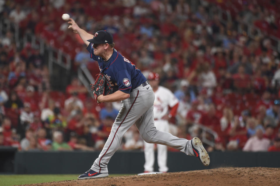 Minnesota Twins relief pitcher Tyler Duffey throws during the sixth inning of the team's baseball game against the St. Louis Cardinals on Friday, July 30, 2021, in St. Louis. (AP Photo/Joe Puetz)