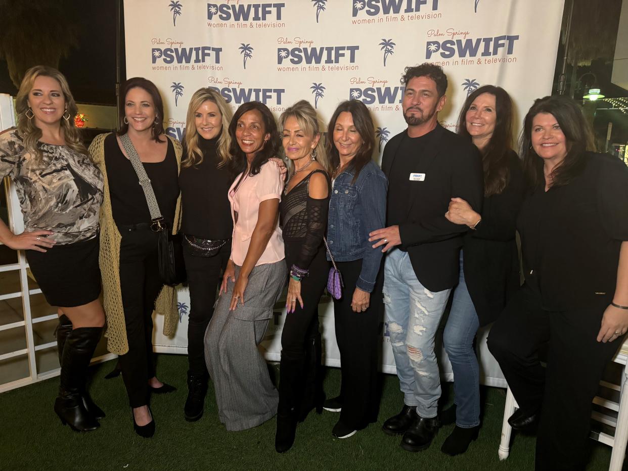 Andrea Carter, Laurilie Jackson, Kate Spates, Maisha Closson, Silva Mirzoian, Elli Tourje, Levi Vincent, Kim Waltrip and Renae Madore pose at the 2023-24 season opener of Palm Springs Women in Film & Television (PSWIFT) on Nov. 17, 2023.