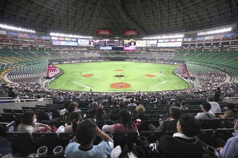 Spectators are seen during Nippon Professional Baseball (NPB) game between SoftBank Hawks against Tohoku Rakuten Golden Eagles, in Fukuoka