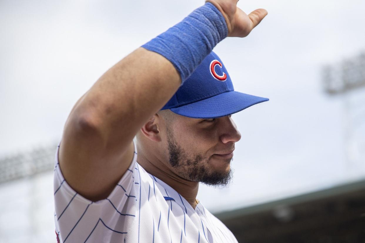 Chicago Cubs catcher Willson Contreras waved what he believed was goodbye to fans after a game at Wrigley Field. (Erin Hooley/Chicago Tribune/Tribune News Service via Getty Images)