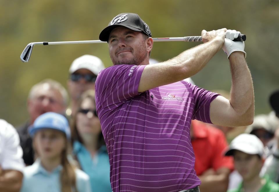 Robert Garrigus tees off on the second hole during the final round of the Valspar Championship golf tournament at Innisbrook, Sunday, March 16, 2014, in Palm Harbor, Fla. (AP Photo/Chris O'Meara)