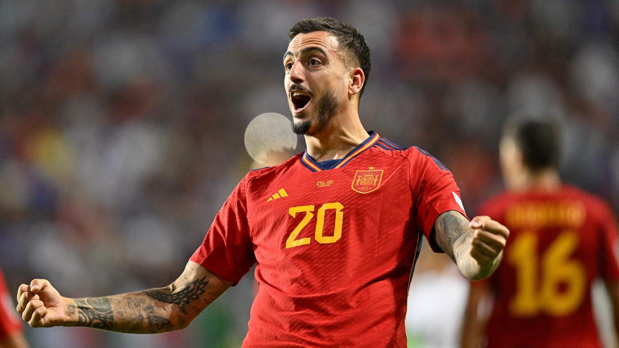  pain's forward Joselu celebrates scoring ahead of the Euro 2024 qualifier against Croatia. 