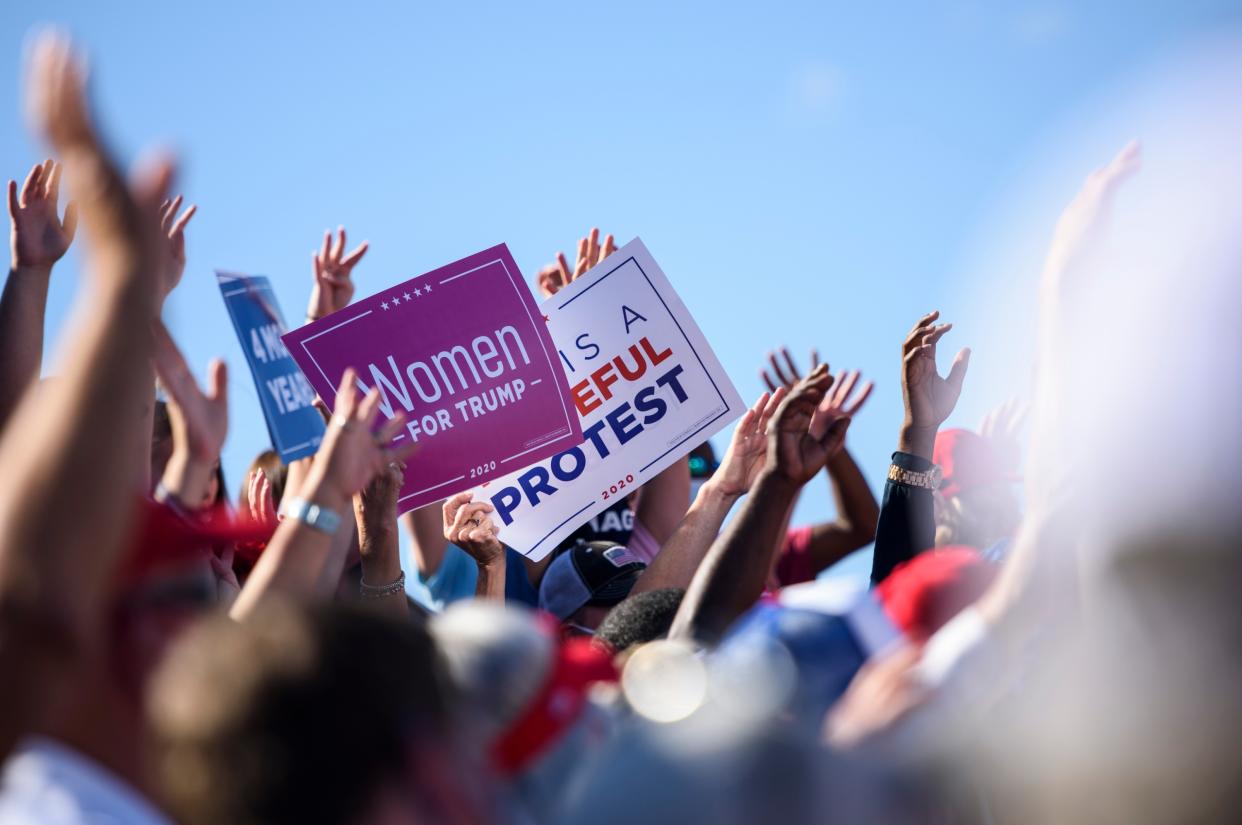 Donald Trump claimed that suburban women love being called “housewives” as he begged them to help him get reelected (Photo by Melissa Sue Gerrits/Getty Images)