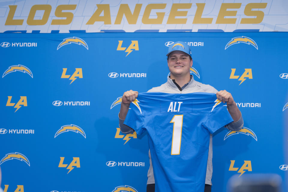 Los Angeles Chargers draft pick Joe Alt is introduced at the Chargers Media Center at Hoag Performance Center on Friday, April 26, 2024, in Costa Mesa, Calif. The Los Angeles Chargers opened the Jim Harbaugh era by taking Notre Dame offensive tackle Joe Alt instead of giving Justin Herbert a No. 1 wide receiver to replace Keenan Allen and Mike Williams. (AP Photo/Damian Dovarganes)