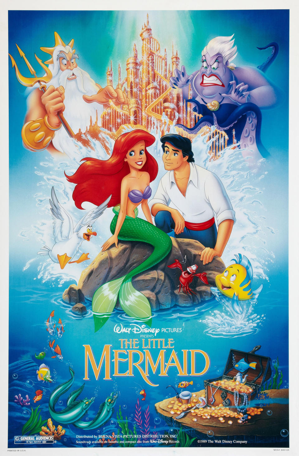 Movie poster of "The Little Mermaid" with Ariel, Flounder, Sebastian, Ursula, Triton, and Prince Eric