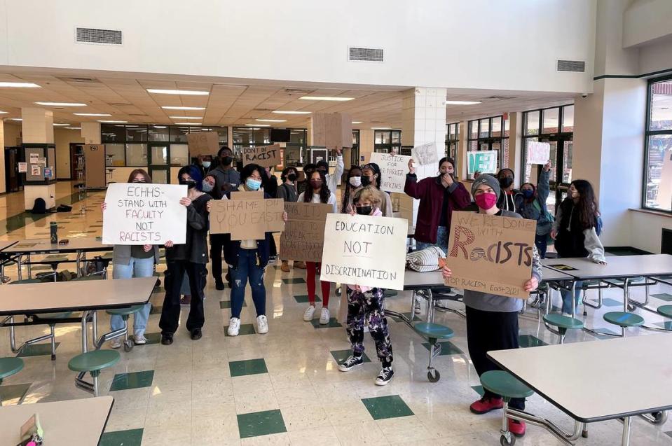 East Chapel Hill High School students protest after learning that two exceptional children’s teaching assistants reported being asked to move from their classrooms after a parent raised concerns that a student could have Black male teachers.