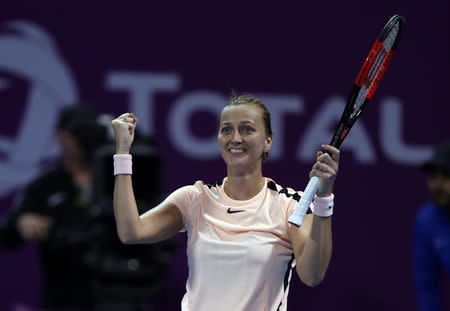 Tennis - WTA Premier 5 - Qatar Open - Semifinals - Doha, Qatar - February 17, 2018. Petra Kvitova of Czech Republic celebrates after defeating Caroline Wozniacki of Denmark. REUTERS/Ibraheem Al Omari