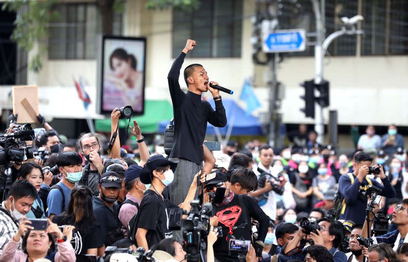 A man gestures as he speaks during anti-government protests in Bangkok