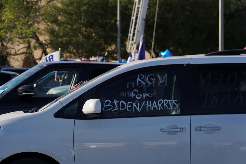 A vehicle with the message "RGV (Rio Grande Valley) for Biden/Harris" is seen during a campaign event where U.S. Democratic vice presidential nominee Senator Kamala Harris (not pictured) speaks in Edinburg, Texas