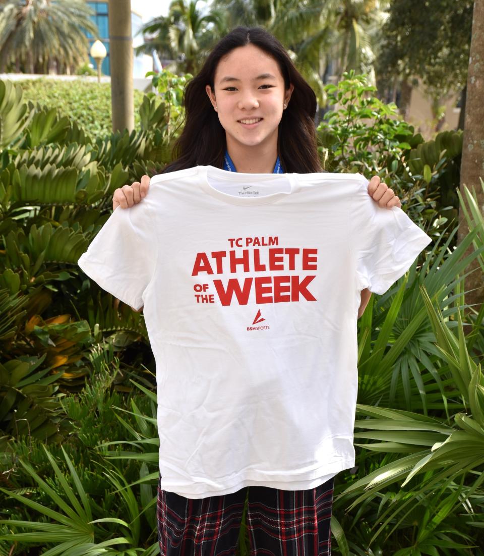 Dreyfoos School of the Arts' Emma Han poses with her Athlete of the Week shirt on Nov. 30, 2023.