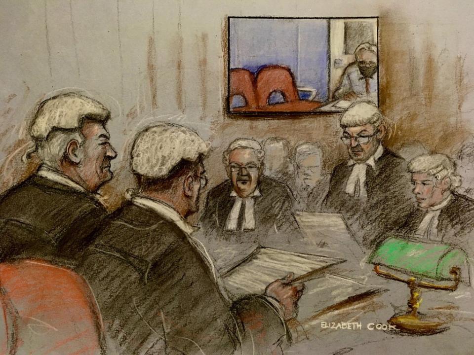 Court artist sketch by Elizabeth Cook of Julian Assange appearing via video (Elizabeth Cook/PA) (PA Wire)