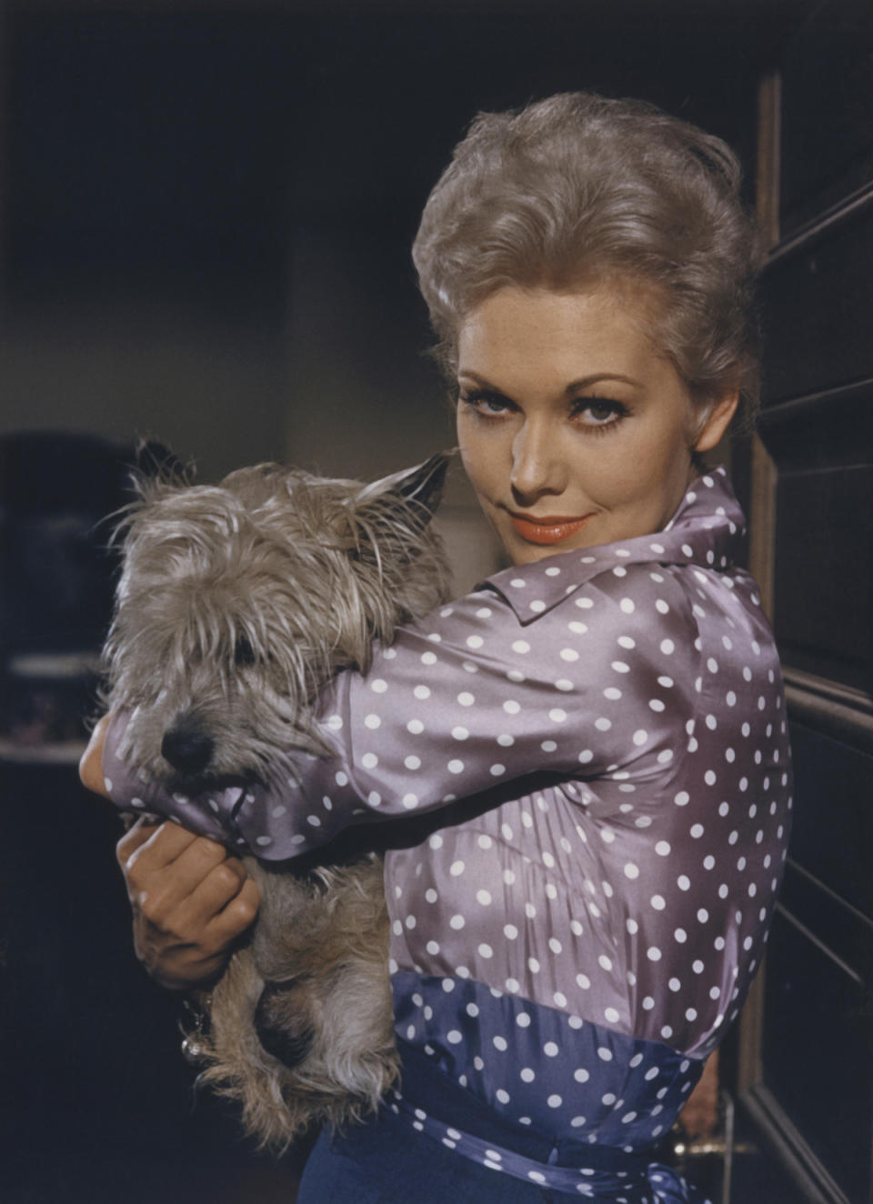 Kim Novak holding pet dog in a publicity portrait for the 1957 movie 'Pal Joey'.