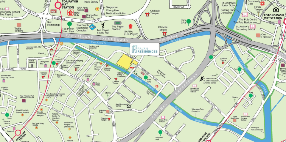 Location of Rajah Residences HDB BTO Oct 2023 Kallang/Whampoa flats, bounded by Jalan Rajah and Kim Keat Road. Source: HDB