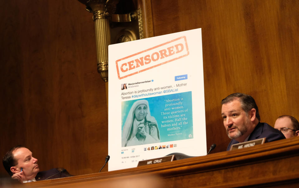 WASHINGTON, DC - APRIL 10: Sen.Ted Cruz (R-TX) speaks about a graphic related to free speech at a Senate Judiciary Committee hearing on April 10, 2019 in Washington, DC. The Republican-controlled Senate Judiciary Committee is questioning whether large tech companies are biased towards conservatives. (Photo by Alex Wroblewski/Getty Images)