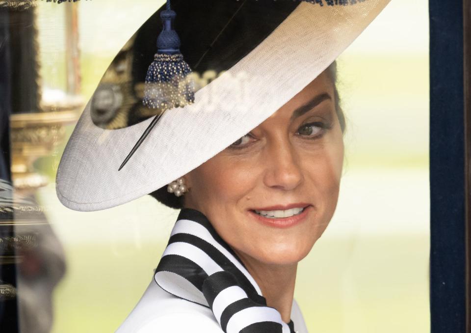 london, england june 15 catherine, princess of wales during trooping the colour on june 15, 2024 in london, england trooping the colour is a ceremonial parade celebrating the official birthday of the british monarch the event features over 1,400 soldiers and officers, accompanied by 200 horses more than 400 musicians from ten different bands and corps of drums march and perform in perfect harmony photo by samir husseinwireimage