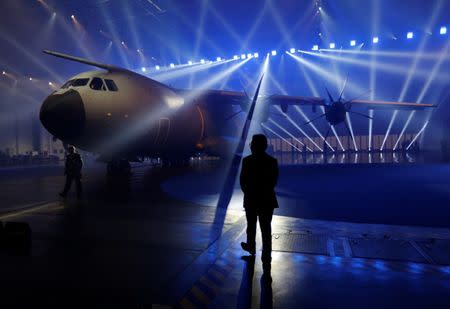 An Airbus A400M military transport plane is parked at the Airbus assembly plant during an event in the Andalusian capital of Seville, southern Spain, December 1, 2016. REUTERS/Marcelo del Pozo