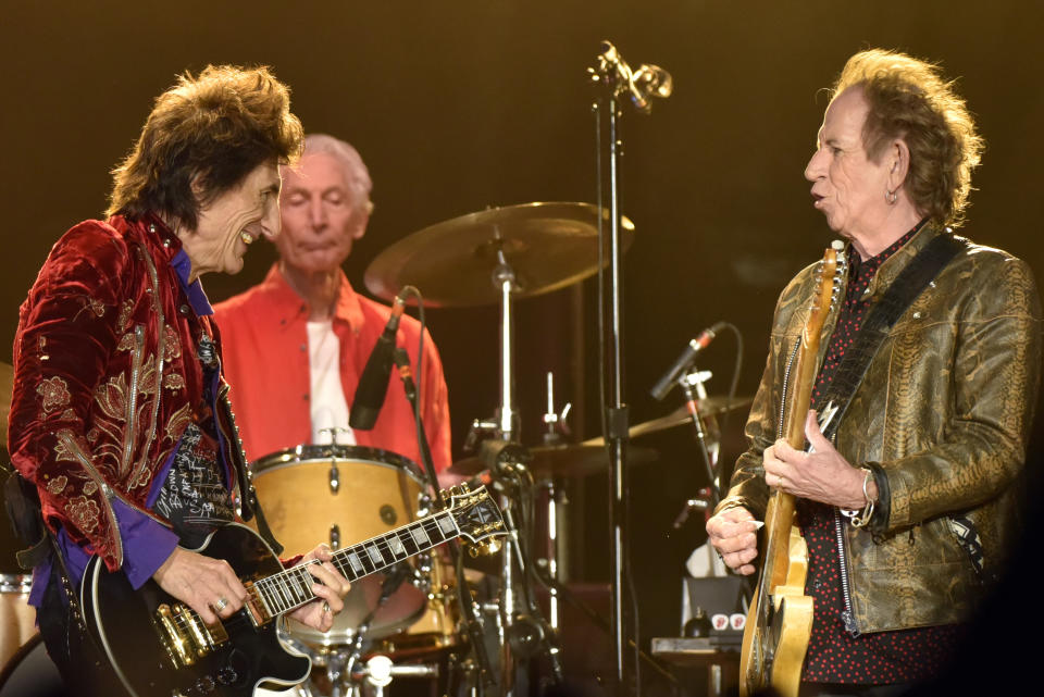 Ron Wood, left, Charlie Watts, and Keith Richards, right, of the Rolling Stones performs during the "No Filter" tour at Soldier Field on Friday, June 21, 2019, in Chicago. (Photo by Rob Grabowski/Invision/AP)