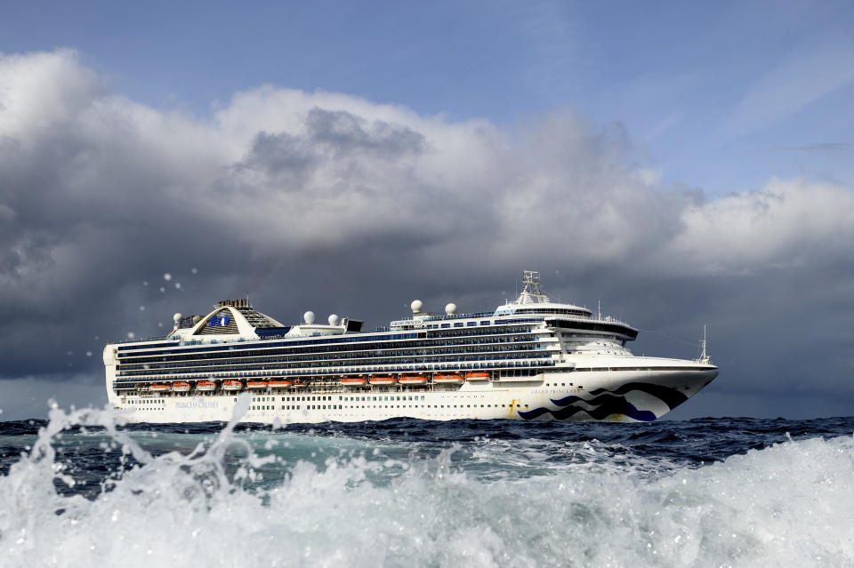 Carrying multiple people who have tested positive for COVID-19, the Grand Princess maintains a holding pattern about 30 miles off the coast of San Francisco, Sunday, March 8, 2020. The cruise ship is scheduled to dock at the Port of Oakland on Monday. (AP Photo/Noah Berger)