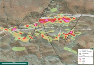 The broader Nunyerry North Project area highlighting contoured gold results from soil sampling at Nunyerry North and completed RC drill holes