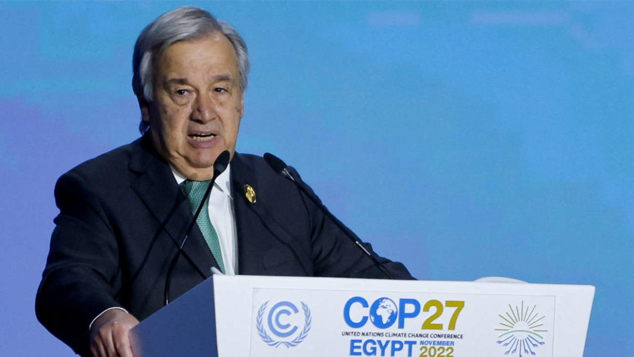 Le Secrétaire général des Nations Unies, Antonio Guterres, prend la parole lors de la Cop27, à Charm el-Cheikh, en Égypte, le 7 novembre.