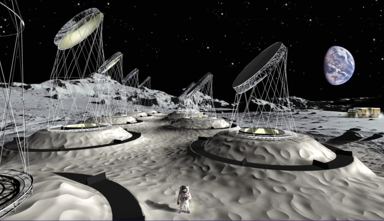  artist's impression of satellite dishes on the moon's surface with the earth in the background 