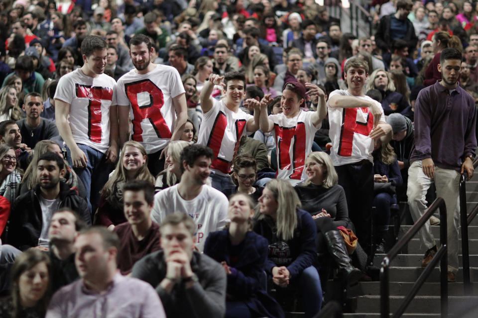 Liberty University students wear homemade T-shirts spelling "TRUMP" while waiting for the arrival of then-candidate Donald Trump during a campaign rally at Liberty University on Jan. 18, 2016, in Lynchburg, Virginia. (Photo: Chip Somodevilla via Getty Images)