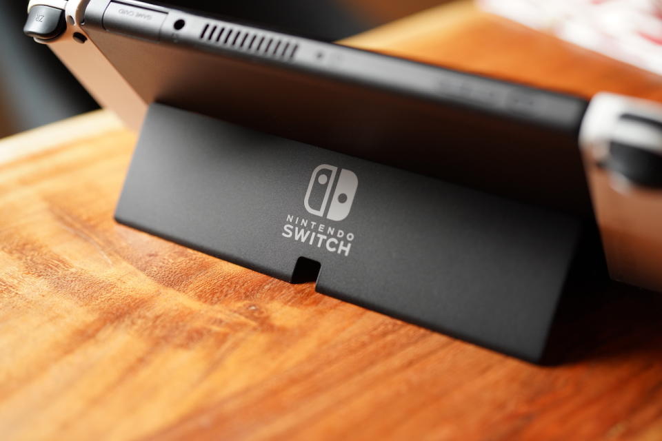 The Nintendo Switch OLED on a table.