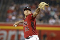 Arizona Diamondbacks' Taijuan Walker delivers his first pitch against the San Diego Padres during the first inning of a baseball game Sunday, Sept. 29, 2019, in Phoenix. Walker made his first appearance on a Major League mound since April 14, 2018. (AP Photo/Darryl Webb)