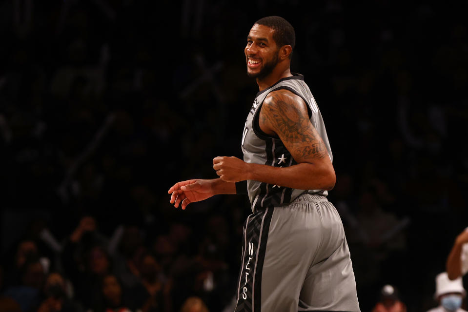NEW YORK, NEW YORK - OCTOBER 29: LaMarcus Aldridge #21 of the Brooklyn Nets reacts after hitting a basket against the Indiana Pacers at Barclays Center on October 29, 2021 in New York City. NOTE TO USER: User expressly acknowledges and agrees that, by downloading and or using this photograph, user is consenting to the terms and conditions of the Getty Images License Agreement.  (Photo by Mike Stobe/Getty Images)