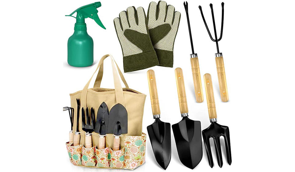 Green spray bottle, pair of gardening gloves, assorted garden tools and tote bag with pockets to store these items.