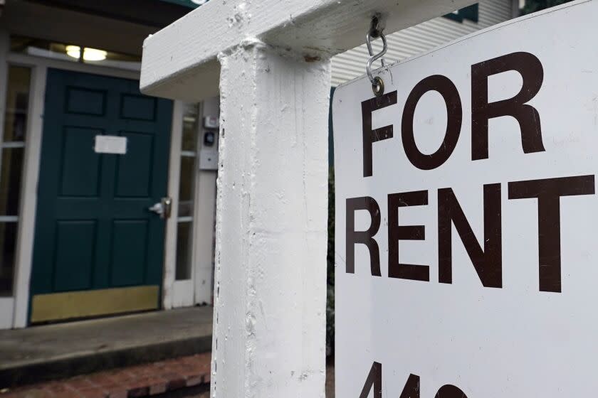 FILE - In this Jan. 27, 2021, file photo, a For Rent sign is posted in Sacramento, Calif. Hundreds of thousands of California renters facing eviction next week could get another three months of protection under a bill top legislative leaders endorsed on Thursday, March 24, 2022. (AP Photo/Rich Pedroncelli, File)