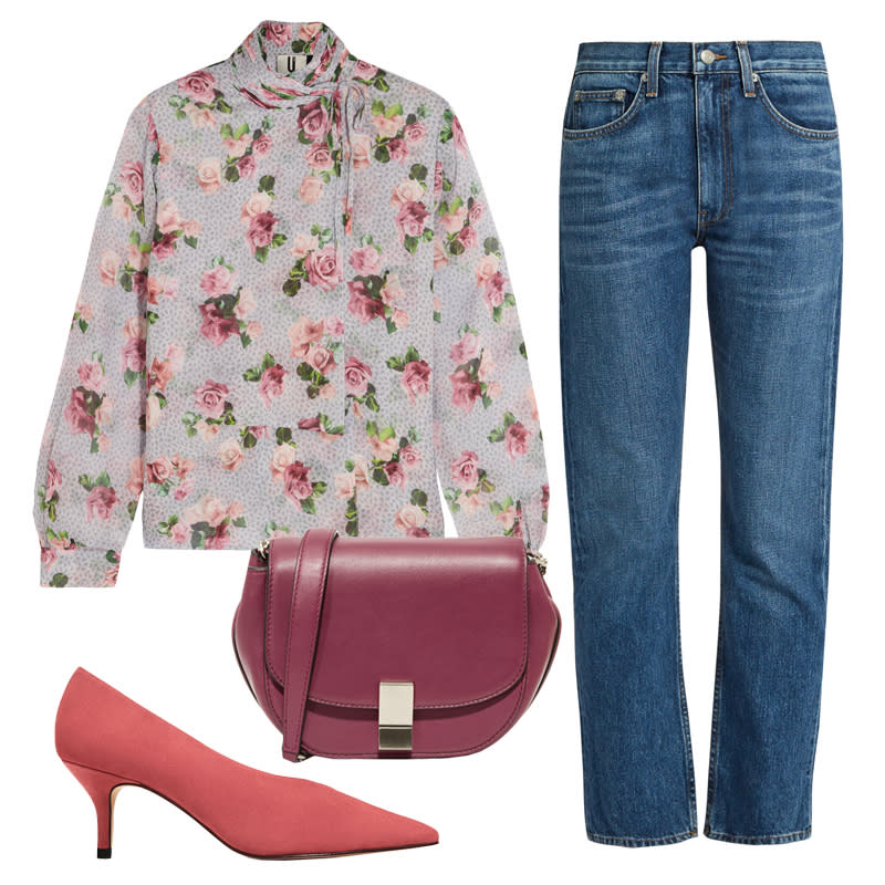 <a rel="nofollow noopener" href="http://rstyle.me/n/bzkthajduw" target="_blank" data-ylk="slk:Aubrey Draped Floral-Print Silk Crepe De Chine Blouse, Topshop Unique, $230Keep a neck-tie blouse on standby as a quick way to dress up jeans—color-coordinated pumps complete the look.;elm:context_link;itc:0;sec:content-canvas" class="link ">Aubrey Draped Floral-Print Silk Crepe De Chine Blouse, Topshop Unique, $230<p>Keep a neck-tie blouse on standby as a quick way to dress up jeans—color-coordinated pumps complete the look.</p> </a><a rel="nofollow noopener" href="http://click.linksynergy.com/fs-bin/click?id=30KlfRmrMDo&subid=&offerid=302794.1&type=10&tmpid=10147&RD_PARM1=http%253A%252F%252Fwww.matchesfashion.com%252Fus%252Fproducts%252FBrock-Collection-Wright-straight-leg-jeans-1064476" target="_blank" data-ylk="slk:Wright Straight-Leg Jeans, Brock Collection, $475Keep a neck-tie blouse on standby as a quick way to dress up jeans—color-coordinated pumps complete the look.;elm:context_link;itc:0;sec:content-canvas" class="link ">Wright Straight-Leg Jeans, Brock Collection, $475<p>Keep a neck-tie blouse on standby as a quick way to dress up jeans—color-coordinated pumps complete the look.</p> </a><a rel="nofollow noopener" href="http://www.zara.com/us/en/woman/shoes/view-all/suede-mid-heel-shoes-c734142p3909013.html" target="_blank" data-ylk="slk:Suede Mid Heel Shoes, Zara, $90Keep a neck-tie blouse on standby as a quick way to dress up jeans—color-coordinated pumps complete the look.;elm:context_link;itc:0;sec:content-canvas" class="link ">Suede Mid Heel Shoes, Zara, $90<p>Keep a neck-tie blouse on standby as a quick way to dress up jeans—color-coordinated pumps complete the look.</p> </a><a rel="nofollow noopener" href="http://www.anrdoezrs.net/links/3550561/type/dlg/https://www.shopbop.com/morgan-saddle-bag-flynn/vp/v=1/1546120430.htm?folderID=2534374302024667&fm=other-viewall&os=false&colorId=14174" target="_blank" data-ylk="slk:Morgan Saddle Bag, Flynn, $325Keep a neck-tie blouse on standby as a quick way to dress up jeans—color-coordinated pumps complete the look.;elm:context_link;itc:0;sec:content-canvas" class="link ">Morgan Saddle Bag, Flynn, $325<p>Keep a neck-tie blouse on standby as a quick way to dress up jeans—color-coordinated pumps complete the look.</p> </a>