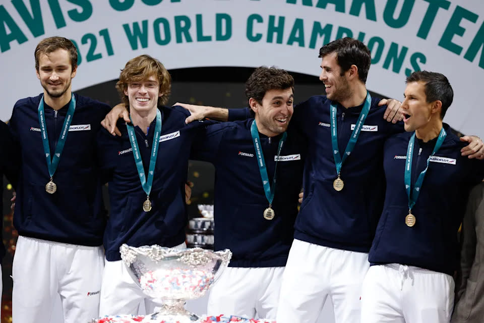 Russian players Daniil Medvedev, Andrey Rublev, Aslan Karastev, Karen Khachanov and Evgeny Donskoy are banned from Wimbledon. (Photo By Oscar J. Barroso/Europa Press via Getty Images)
