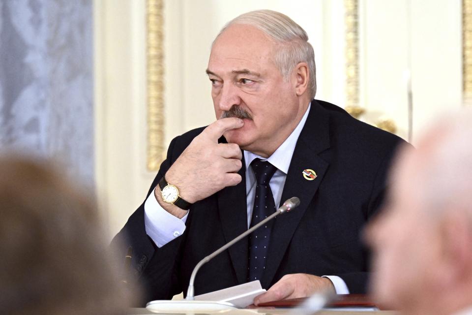 Belarus President Alexander Lukashenko attends a meeting of the Union State Supreme Council with Russian President Vladimir Putin in St. Petersburg, Russia, Monday, Jan. 29, 2024. (Pavel Bednyakov, Sputnik, Kremlin Pool Photo via AP)