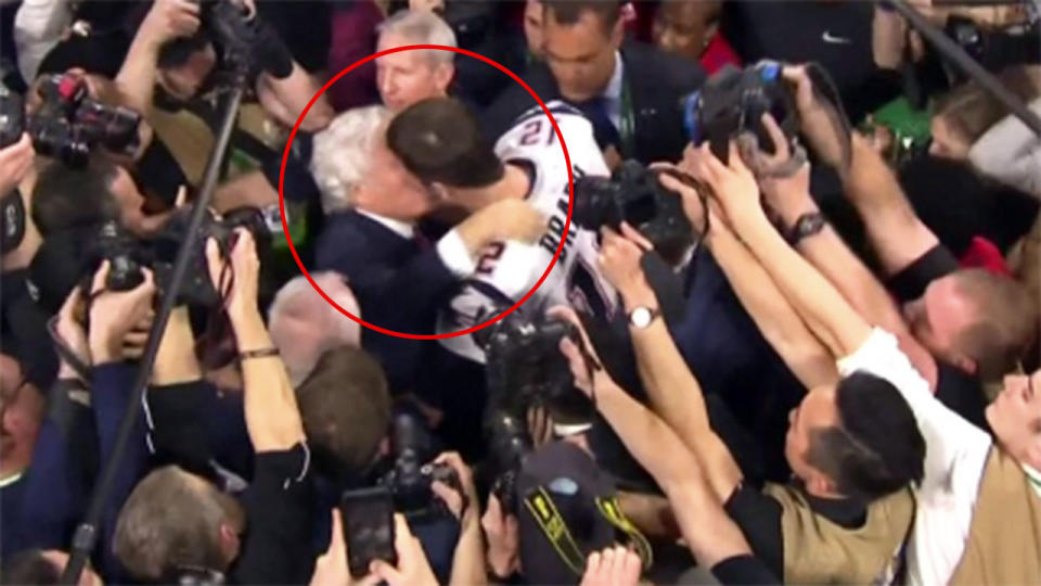 Viewers are adamant Patriots star Brady and owner Kraft shared a passionate kiss. Pic: ESPN