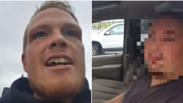 Creep Catcher member Raymond Dawson (left) films himself as he approaches a Calgary man he claimed to be a pedophile.