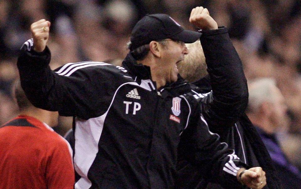 Stoke manager Tony Pulis celebrates Robert Huth's goal in 2010