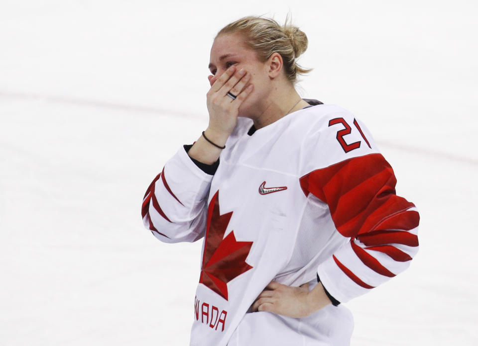 <p>Haley Irwin (21), of Canada, reacts after losing to the United States in the women’s gold medal hockey game at the 2018 Winter Olympics in Gangneung, South Korea, Thursday, Feb. 22, 2018. (AP Photo/Jae C. Hong) </p>