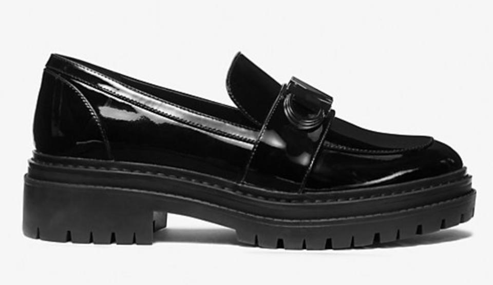 Michael Kors, loafers, black loafers, leather loafers, lug sole loafers, lug sole shoes, womens loafers, logo loafers, penny loafers 