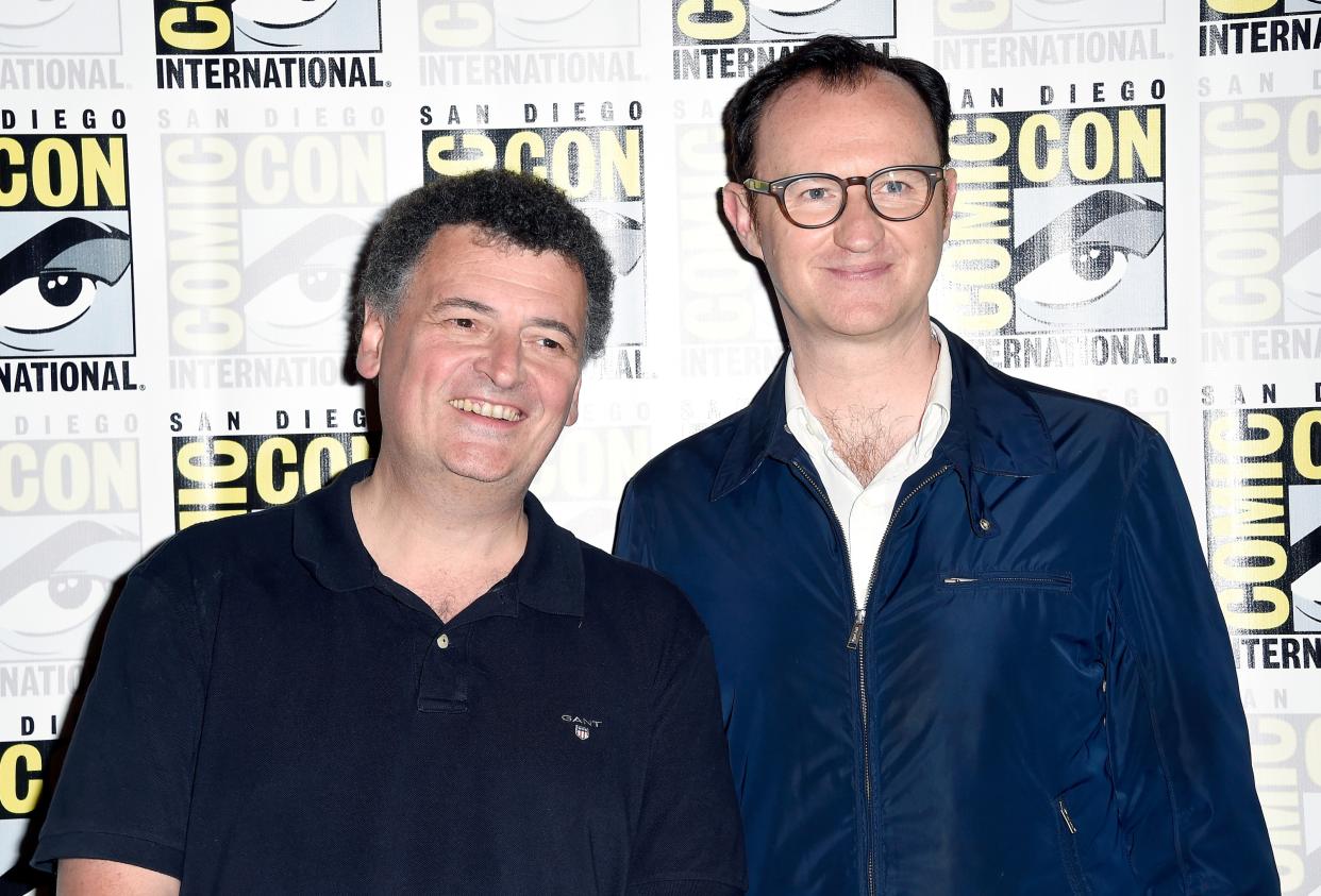 SAN DIEGO, CA – JULY 24: Writer/producer Steven Moffat (L) and actor/writer/producer Mark Gatiss attend the press call for “Sherlock” during Comic-Con International 2016 at Hilton Bayfront on July 24, 2016 in San Diego, California. (Photo by Frazer Harrison/Getty Images)